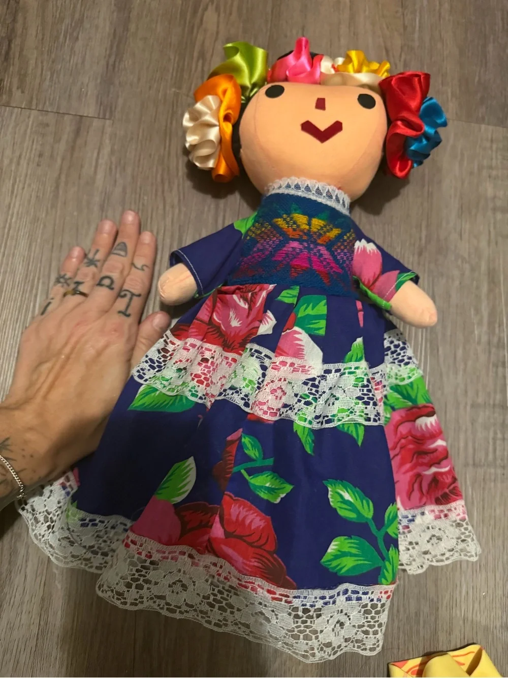 Handmade Floral Ribbon Hair Doll - Blue Dress